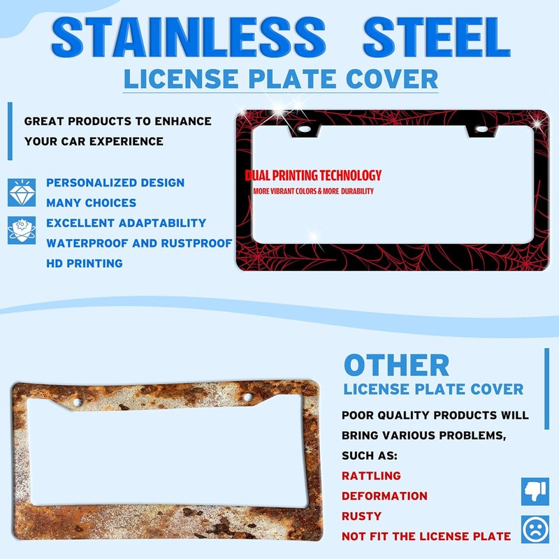 TINALUIN Red Spider Web License Plate Frame Funny Cobweb Stainless Steel License Plate Holder for Front or Rear Car Tags for Car Decoration Accessories with Screws 6.3 X 12.2 in for Women Men - Image 2